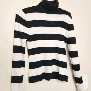 Worthington Blouse Top Size Medium Turtle Neck Stretch Striped Metallic